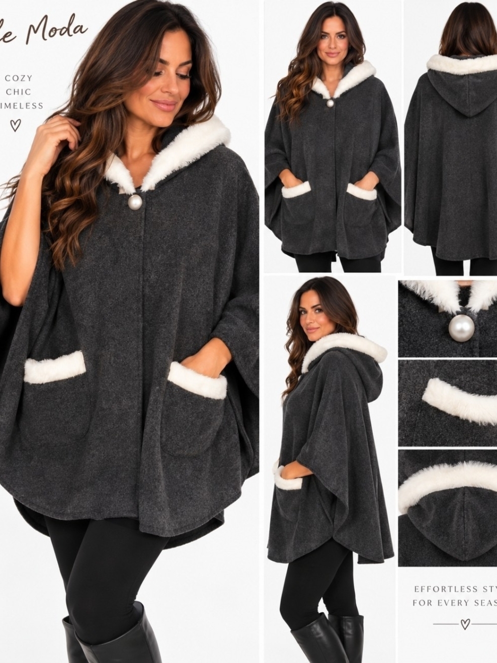 Chic- Cozy Hooded Poncho Sweater with Faux Fur Trim - Charcoal